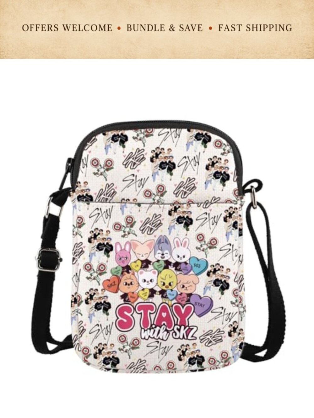 Canvas Crossbody Bag K-Pop Cartoon Shoulder Bag Waterproof Adjustable Strap